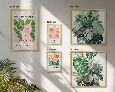 Billedkomposition til væg med plantemotiver i boho-stil
