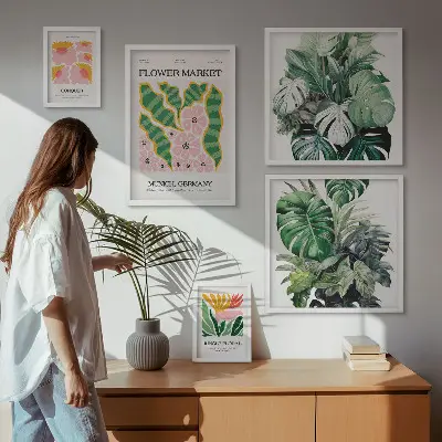 Billedkomposition til væg med plantemotiver i boho-stil