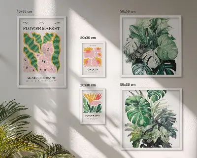 Billedkomposition til væg med plantemotiver i boho-stil
