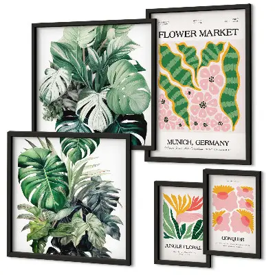 Billedkomposition til væg med plantemotiver i boho-stil