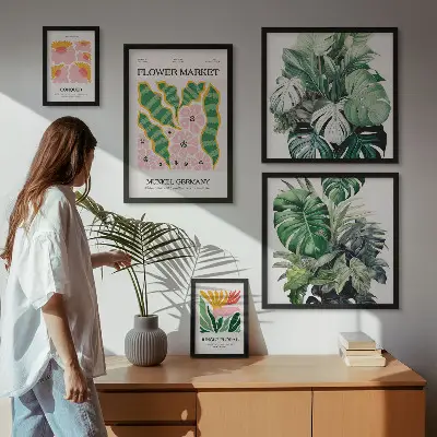 Billedkomposition til væg med plantemotiver i boho-stil