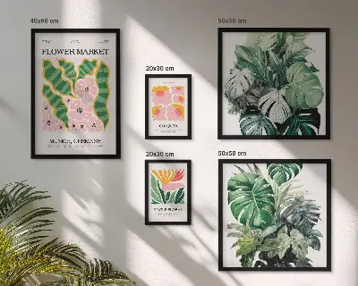 Billedkomposition til væg med plantemotiver i boho-stil