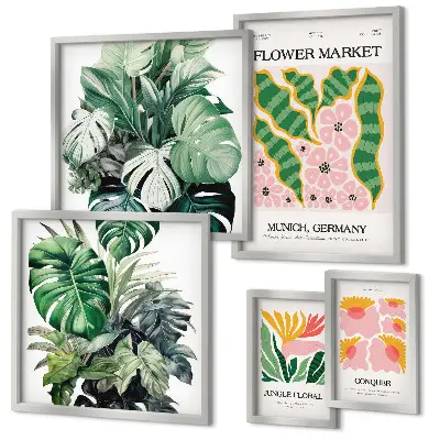 Billedkomposition til væg med plantemotiver i boho-stil