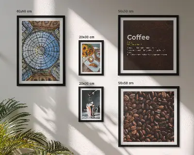 Billedkomposition til væg med motiv af kaffe og slik i rustik stil