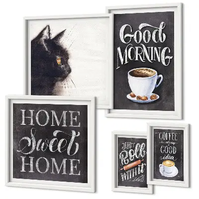 Billedkomposition til væg med positive slogans om kaffekatte