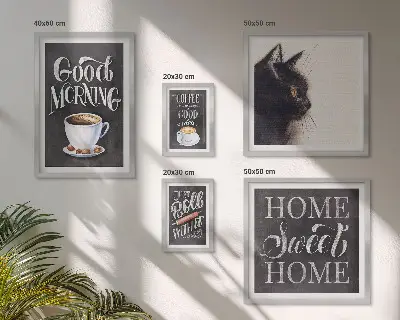 Billedkomposition til væg med positive slogans om kaffekatte