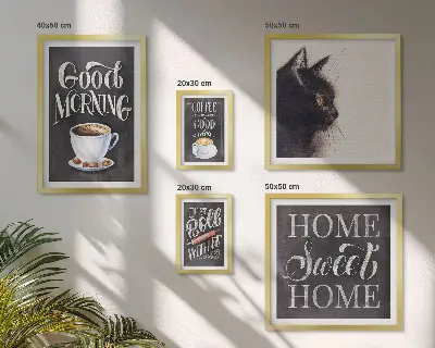 Billedkomposition til væg med positive slogans om kaffekatte