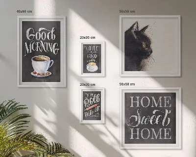 Billedkomposition til væg med positive slogans om kaffekatte
