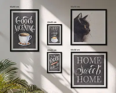 Billedkomposition til væg med positive slogans om kaffekatte