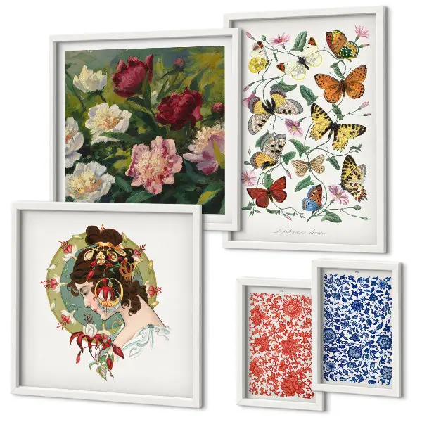 Billedsæt til sofa vintage dekorationer med blomster og sommerfugle