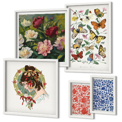 Billedsæt over sofa Blomster sommerfugle vintage dekorationer