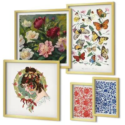 Billedsæt til sofa vintage dekorationer med blomster og sommerfugle