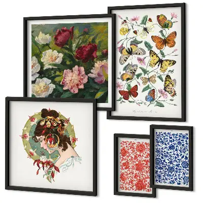Billedsæt til sofa vintage dekorationer med blomster og sommerfugle
