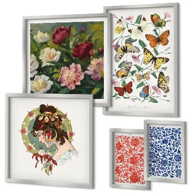 Billedsæt til sofa vintage dekorationer med blomster og sommerfugle