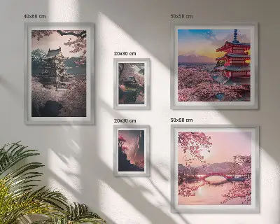 Billedkomposition til væg med japanske landskaber og kirsebærtræer