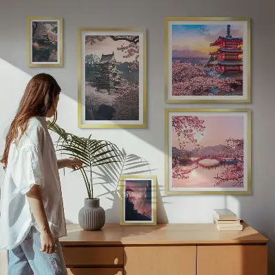 Billedkomposition til væg med japanske landskaber og kirsebærtræer