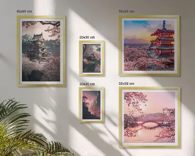 Billedkomposition til væg med japanske landskaber og kirsebærtræer