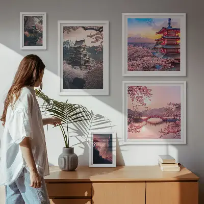 Billedkomposition til væg med japanske landskaber og kirsebærtræer