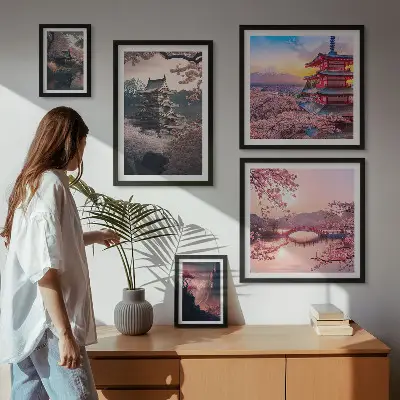 Billedkomposition til væg med japanske landskaber og kirsebærtræer