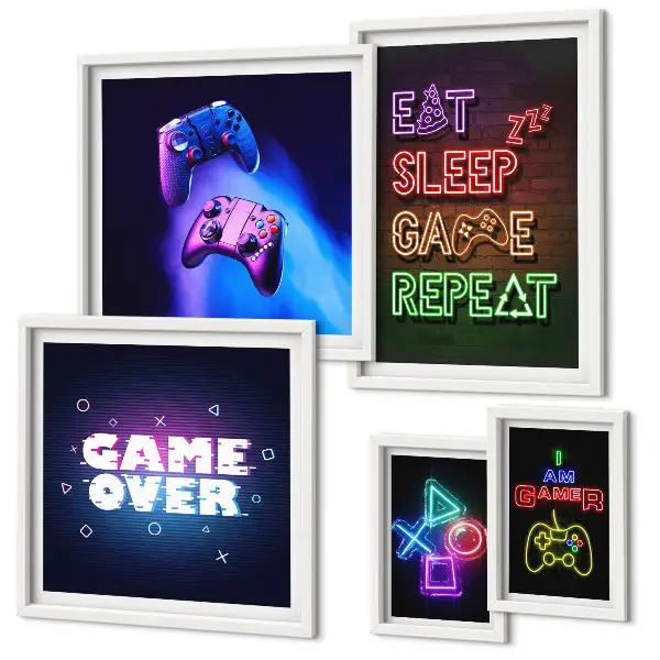Billedkomposition til væg med neon computerspiltemaer