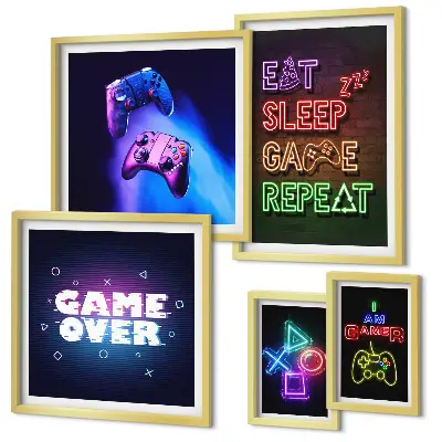 Billedkomposition til væg med neon computerspiltemaer