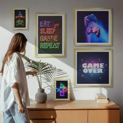 Billedkomposition til væg med neon computerspiltemaer