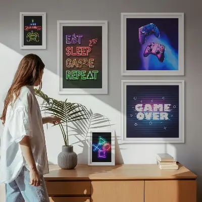 Billedkomposition til væg med neon computerspiltemaer