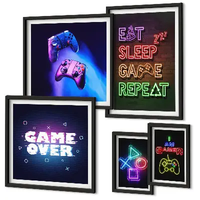 Billedkomposition til væg med neon computerspiltemaer