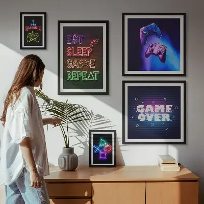 Billedkomposition til væg med neon computerspiltemaer