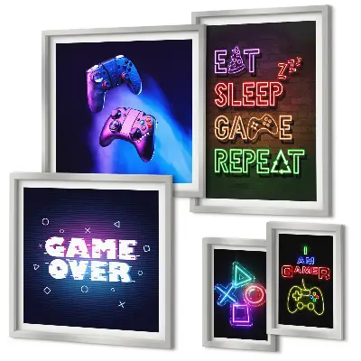 Billedkomposition til væg med neon computerspiltemaer
