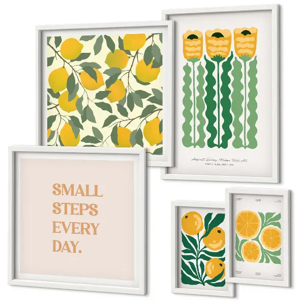 Billedkomposition til væg med blomster, citrusfrugter og positive slogans