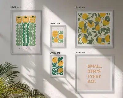 Billedkomposition til væg med blomster, citrusfrugter og positive slogans
