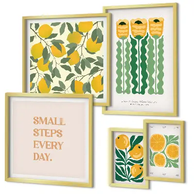 Billedkomposition til væg med blomster, citrusfrugter og positive slogans