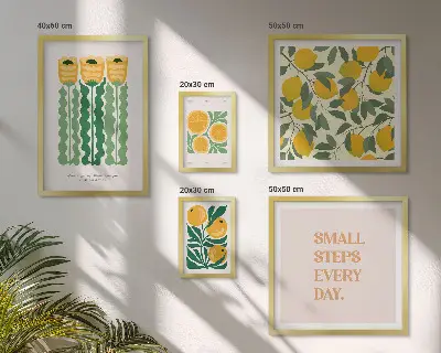 Billedkomposition til væg med blomster, citrusfrugter og positive slogans