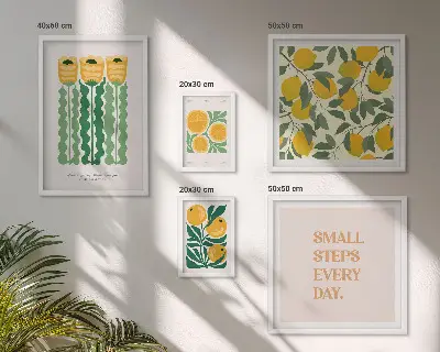 Billedkomposition til væg med blomster, citrusfrugter og positive slogans