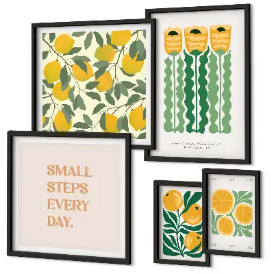 Billedkomposition til væg med blomster, citrusfrugter og positive slogans