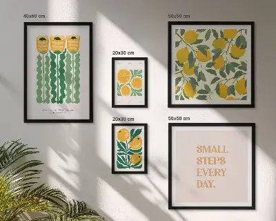 Billedkomposition til væg med blomster, citrusfrugter og positive slogans