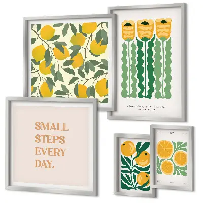 Billedkomposition til væg med blomster, citrusfrugter og positive slogans