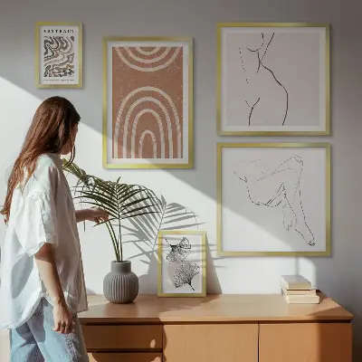 Billedsæt over sofa med stilfulde abstrakte figurer