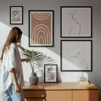 Billedsæt over sofa med stilfulde abstrakte figurer