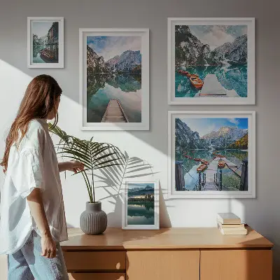 Billedkomposition til væg med motiv af bjergsøer og natur
