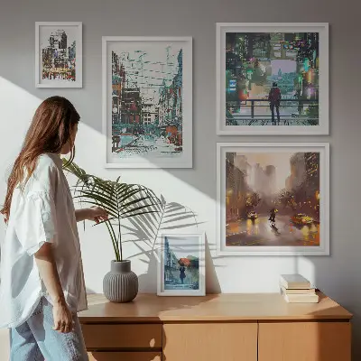 Billedsæt af moderne bylandskaber til ophængning over sofaen