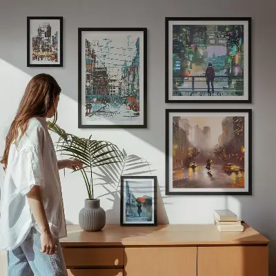 Billedsæt af moderne bylandskaber til ophængning over sofaen