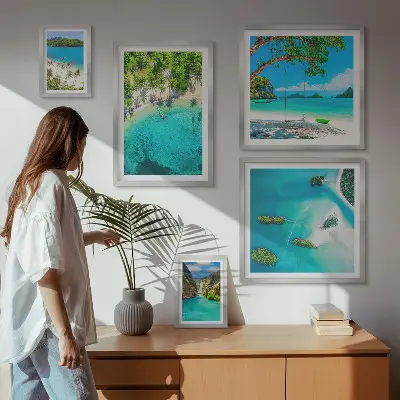 Billedsæt til sofa motiver af tropiske strande og paradisisk vand