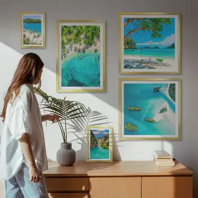 Billedsæt til sofa motiver af tropiske strande og paradisisk vand