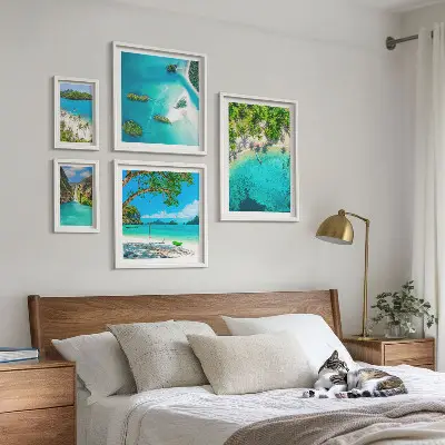 Billedsæt til sofa motiver af tropiske strande og paradisisk vand