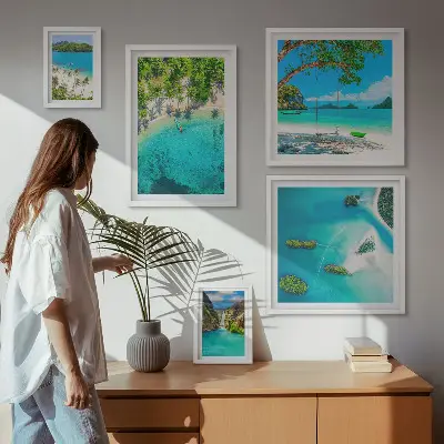 Billedsæt til sofa motiver af tropiske strande og paradisisk vand