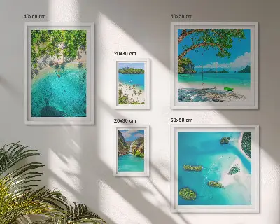 Billedsæt til sofa motiver af tropiske strande og paradisisk vand