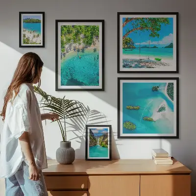 Billedsæt til sofa motiver af tropiske strande og paradisisk vand
