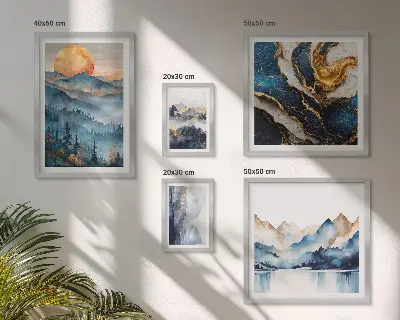 Billedsæt over sofa med motiv af bjerglandskaber i vest